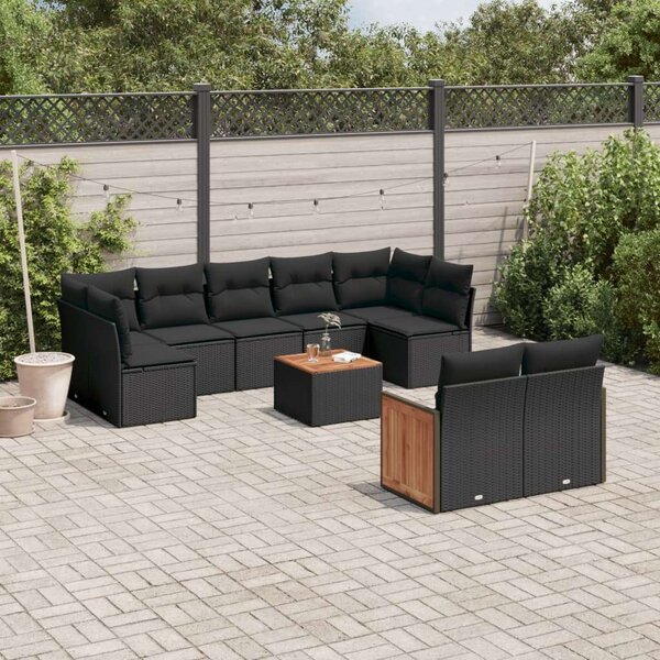 VidaXL 10 részes fekete polyrattan kerti ülőgarnitúra párnákkal
