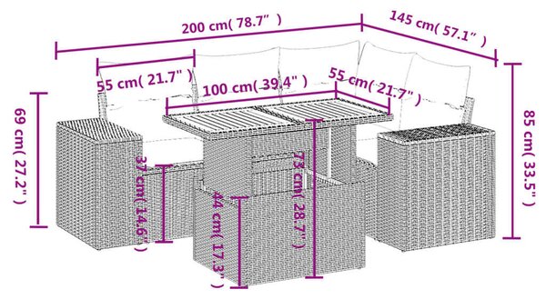 VidaXL 5 részes fekete polyrattan kerti kanapészett párnákkal
