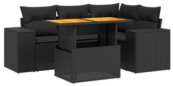 VidaXL 5 részes fekete polyrattan kerti kanapészett párnákkal