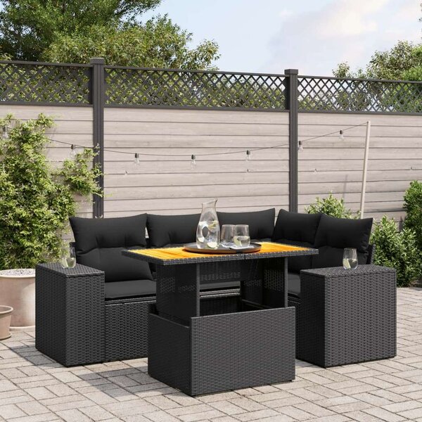 VidaXL 5 részes fekete polyrattan kerti kanapészett párnákkal