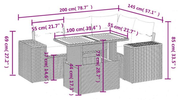 VidaXL 5 részes fekete polyrattan kerti kanapészett párnákkal