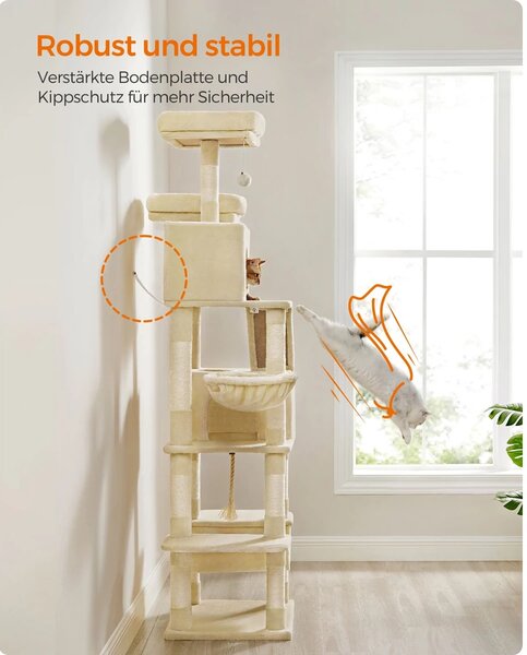 Feandrea nagyméretű kaparófa, 206 cm magas, XXL macskafa, bézs színben