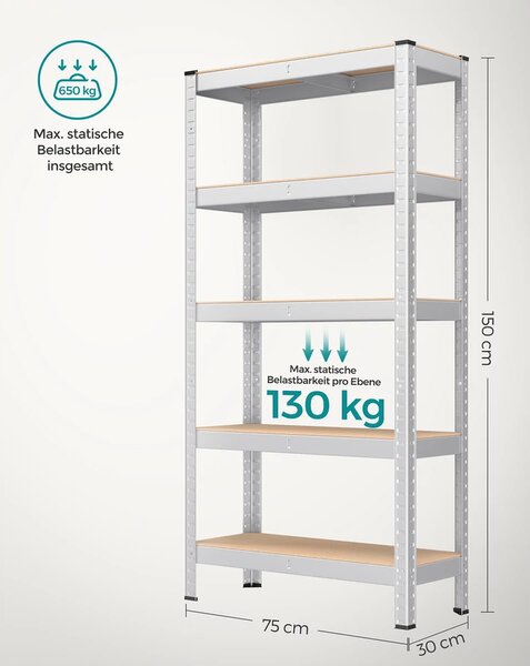 Ötszintes polcrendszer, acél polcrendszer tároláshoz, csavarmentes összeszerelés, teherbírás 650 kg, 30 x 75 x 150 cm, ezüst