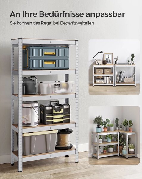 Ötszintes polcrendszer, acél polcrendszer tároláshoz, csavarmentes összeszerelés, teherbírás 650 kg, 30 x 75 x 150 cm, ezüst