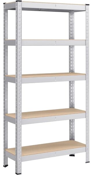 Ötszintes polcrendszer, acél polcrendszer tároláshoz, csavarmentes összeszerelés, teherbírás 650 kg, 30 x 75 x 150 cm, ezüst