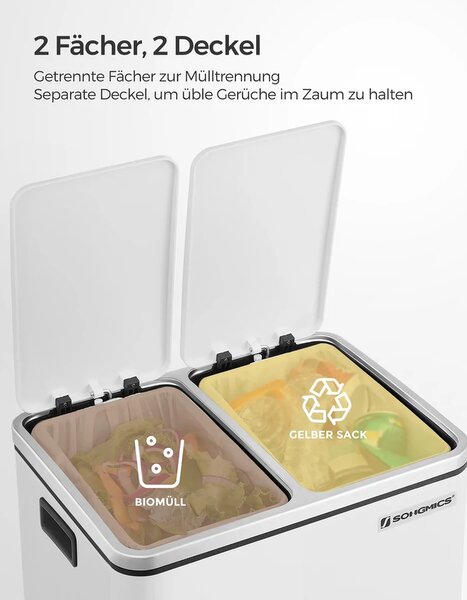 Konyhai szemetes, 2 x 15 literes acél szemetes, lépcsős szemetes belső vödrökkel és fogantyúkkal, puha záródással, szagszigeteléssel, fehér
