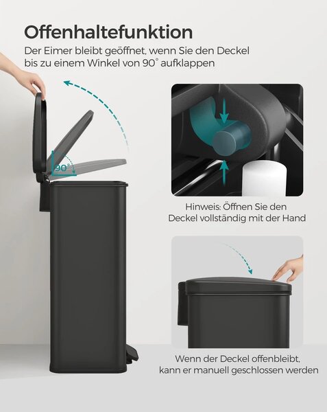 Konyhai szemetes 40L, nagy pedálos kuka fedéllel, 15 szemeteszsák mellékelve, fekete