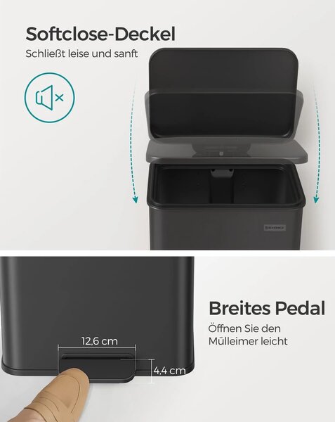 Konyhai szemetes 40L, nagy pedálos kuka fedéllel, 15 szemeteszsák mellékelve, fekete