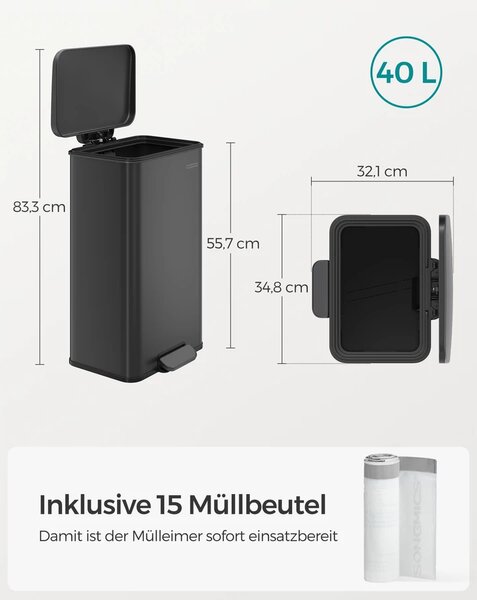 Konyhai szemetes 40L, nagy pedálos kuka fedéllel, 15 szemeteszsák mellékelve, fekete
