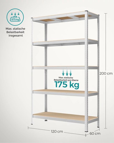 Ötszintes polcrendszer, acél polcrendszer tároláshoz, teherbírás 875 kg, 60 x 120 x 200 cm, ezüst