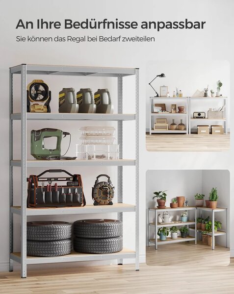 Ötszintes polcrendszer, acél polcrendszer tároláshoz, teherbírás 875 kg, 60 x 120 x 200 cm, ezüst
