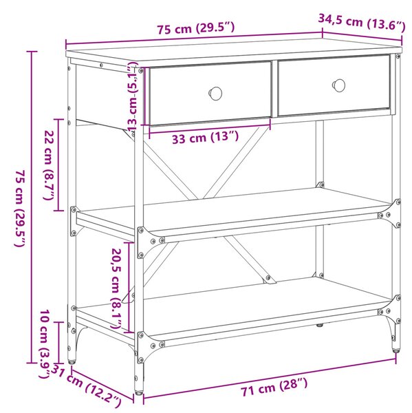 Konzolasztal fiókkal polcokkal Barna 75 x 34,5 x 75 cm faszínű