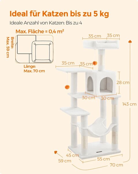 Macska kaparófa, 143 cm-es többszintes plüss macska torony, krémfehér