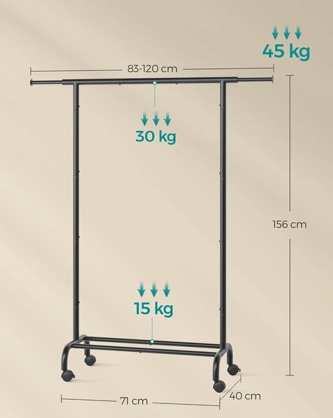 Ruhatartó állvány, gurulós ruhatároló kerekekkel, mérete: 40 x (83-120) x 156 cm, tintafekete