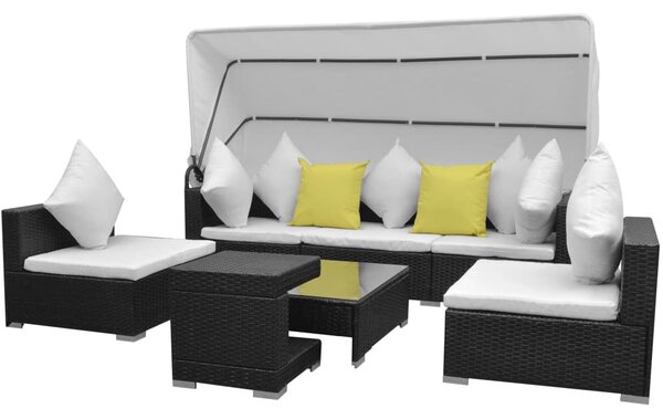 7 darabos fekete polyrattan kerti bútorszett napellenzővel