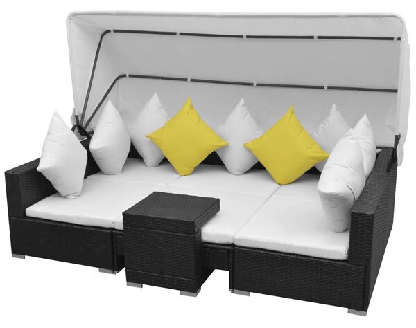 7 darabos fekete polyrattan kerti bútorszett napellenzővel