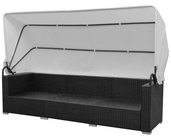 7 darabos fekete polyrattan kerti bútorszett napellenzővel