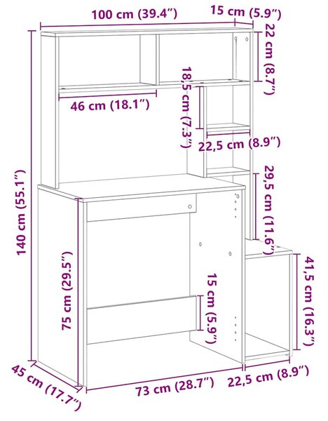 Kézműves tölgy szerelt fa íróasztal polcokkal 100x45x140 cm