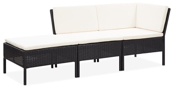 3 részes fekete polyrattan kerti ülőgarnitúra párnákkal