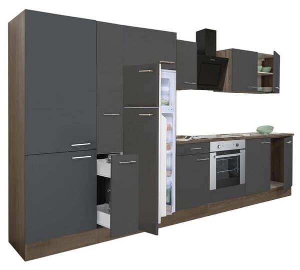Yorki 360 konyhablokk yorki tölgy korpusz,selyemfényű antracit front alsó sütős elemmel polcos szekrénnyel és felülfagyasztós hű