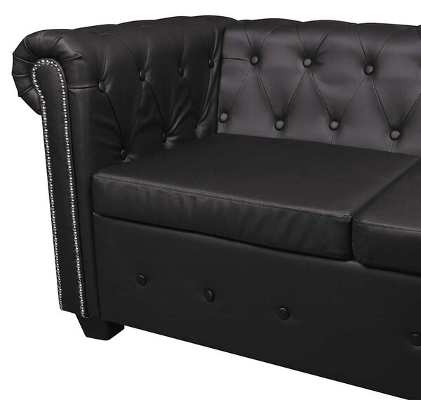 5 személyes fekete műbőr Chesterfield sarokkanapé
