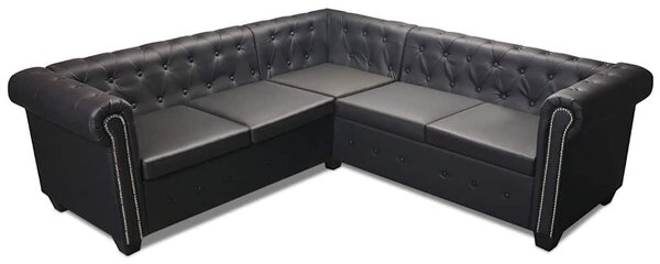 5 személyes fekete műbőr Chesterfield sarokkanapé