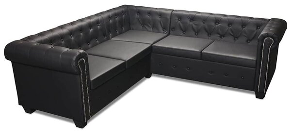 5 személyes fekete műbőr Chesterfield sarokkanapé