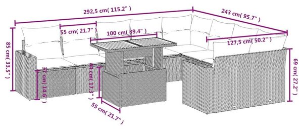 VidaXL Polyrattan Kerti Ülőgarnitúra - 10 részes - Bézs