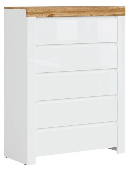 Komód Sonsoru 114, Laminált forgácslap, 130x99x42cm, Fehér, Fényes fehér, Wotan tölgy