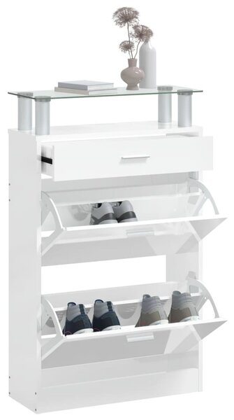 Magasfényű fehér szerelt fa cipőszekrény 63x24x104 cm