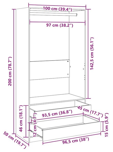 Füstös tölgy színű szerelt fa ruhásszekrény 100 x 50 x 200 cm