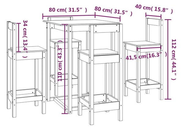 5 részes tömör fenyőfa bárszett