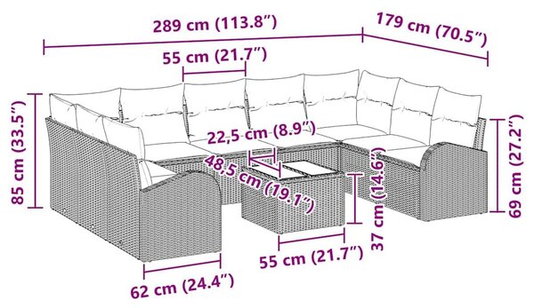 VidaXL Barna Poli Rattan Kerti Kanapé Szett - 10 db, Párnákkal