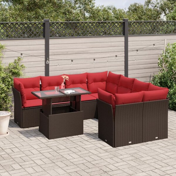 VidaXL 9 db barna polyrattan kerti kanapégarnitúra párnákkal