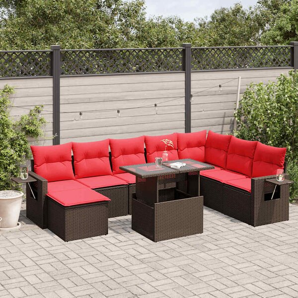 VidaXL 9 db barna polyrattan kerti kanapégarnitúra párnákkal
