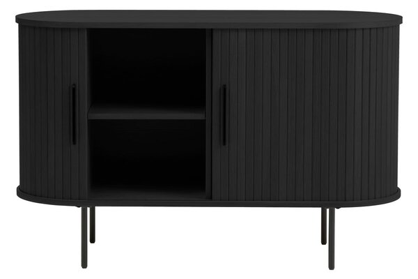 Fekete komód tolóajtóval, tölgyfa dekorral 120x76x45 cm Nola – Unique Furniture