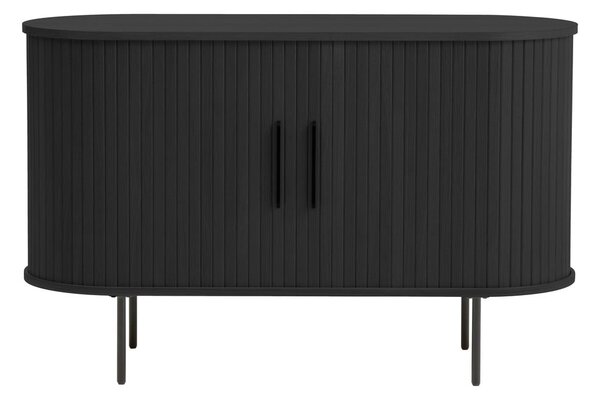 Fekete komód tolóajtóval, tölgyfa dekorral 120x76x45 cm Nola – Unique Furniture