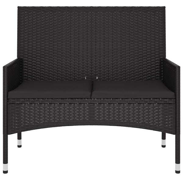 Fekete 2 személyes polyrattan kerti pad párnával