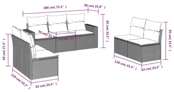 VidaXL 7 részes bézs polyrattan kerti ülőgarnitúra párnákkal
