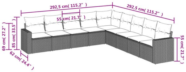 VidaXL 9-részes bézs polyrattan kerti ülőgarnitúra párnákkal