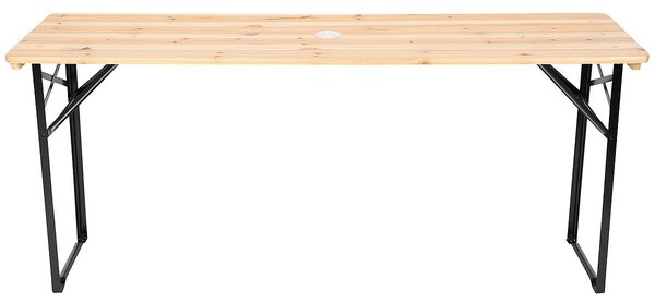 Zola® összecsukható asztal szett 2 paddal, fém vázzal, fa asztallappal és ülőfelülettel, napernyő nyílással, méretek: 170x46x75 cm (asztal)/170x23x46 cm (padok), krém színben