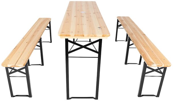 Zola® összecsukható asztal szett 2 paddal, fém vázzal, fa asztallappal és ülőfelülettel, napernyő nyílással, méretek: 170x46x75 cm (asztal)/170x23x46 cm (padok), krém színben