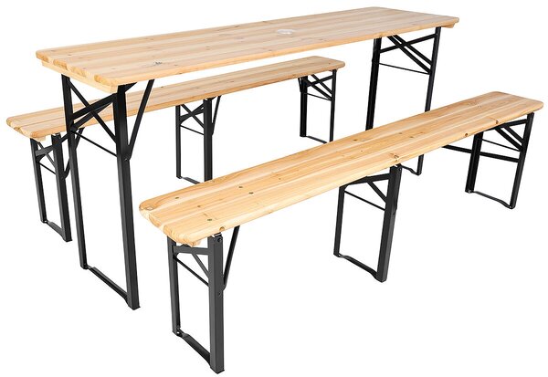 Zola® összecsukható asztal szett 2 paddal, fém vázzal, fa asztallappal és ülőfelülettel, napernyő nyílással, méretek: 170x46x75 cm (asztal)/170x23x46 cm (padok), krém színben
