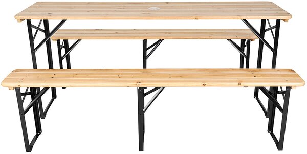 Zola® összecsukható asztal szett 2 paddal, fém vázzal, fa asztallappal és ülőfelülettel, napernyő nyílással, méretek: 170x46x75 cm (asztal)/170x23x46 cm (padok), krém színben