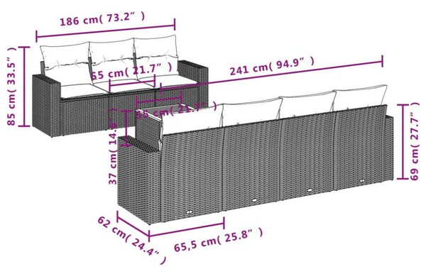 VidaXL Polyrattan Kerti Ülőgarnitúra - 8 részes - Fekete