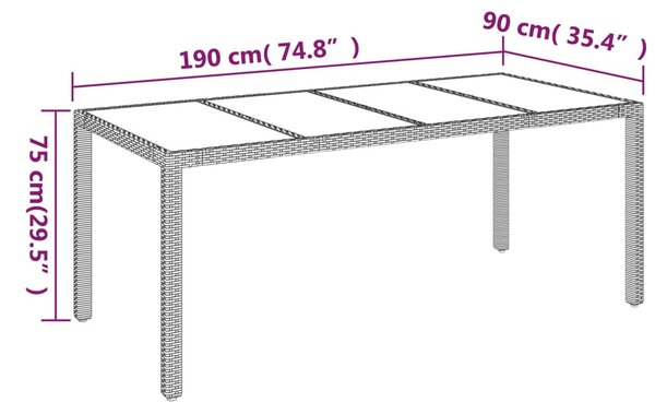 Fekete polyrattan üveglapos kerti asztal 190 x 90 x 75 cm