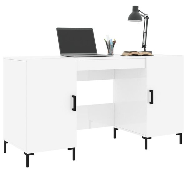 Magasfényű fehér színű szerelt fa íróasztal 140 x 50 x 75 cm