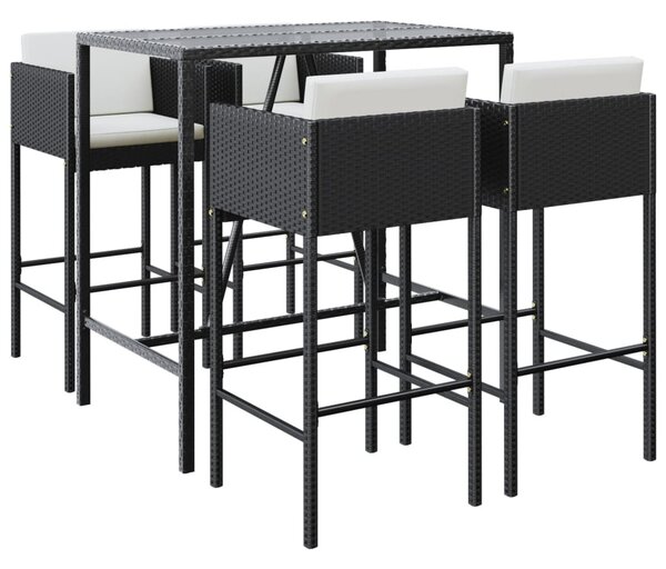 5 részes fekete polyrattan kerti bárszett párnával