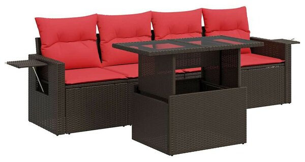 5 részes barna polyrattan akácfa kerti ülőgarnitúra párnákkal