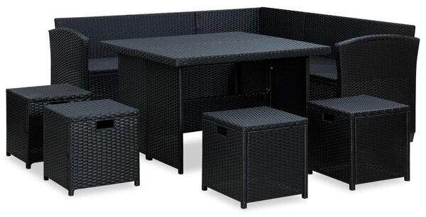 6 részes fekete polyrattan kerti bútorszett párnákkal